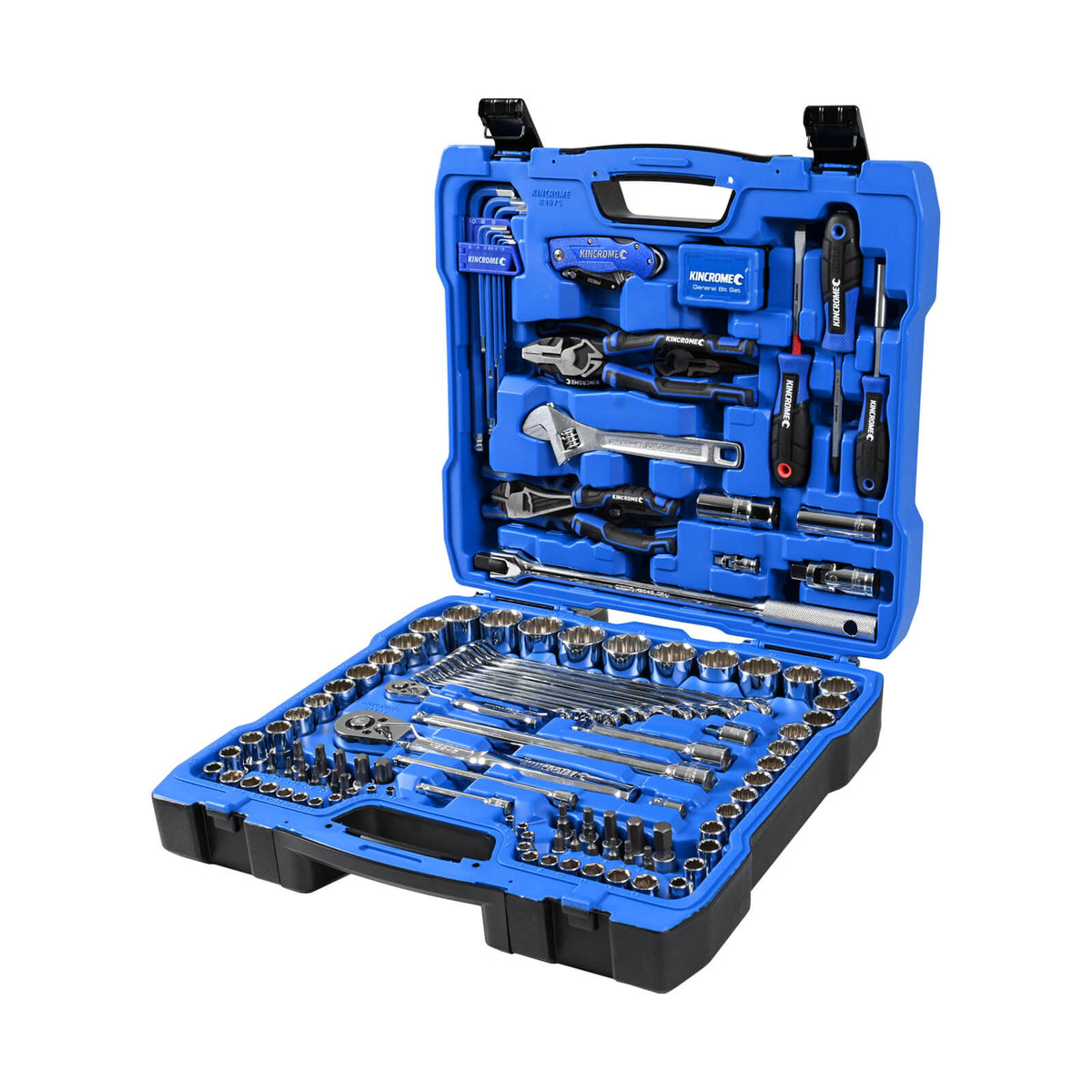 This is an image of a Kincrome K1875 187-piece tool kit in a blue hard case, offered by Kennedys Welding Supplies in Derwent Park TAS, specializing in welding, tool shop services, and power tool repairs