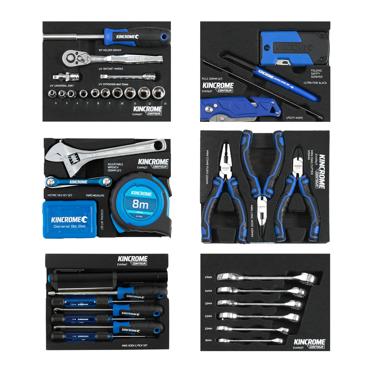 This is an image of various Kincrome tool sets including ratchets, wrenches, pliers, tape measure, and utility knives at Kennedys Welding Supplies in Derwent Park, TAS