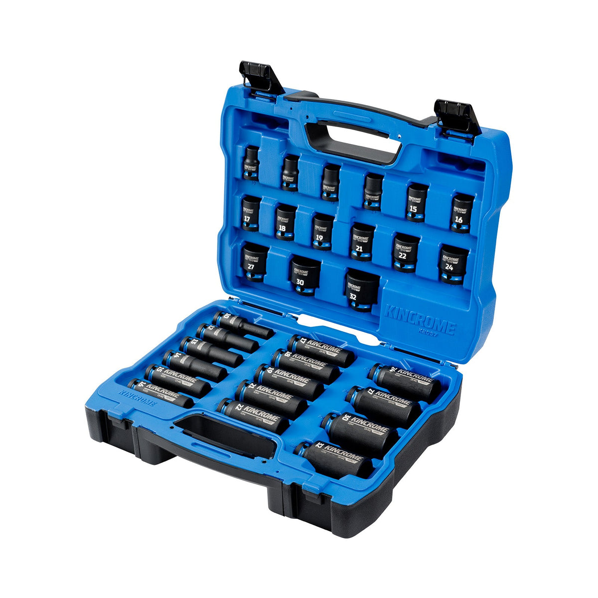 This is an image of a Kincrome socket set in a blue case, offered by Kennedys Welding Supplies in Derwent Park TAS, Tool Shop and Welding Specialists