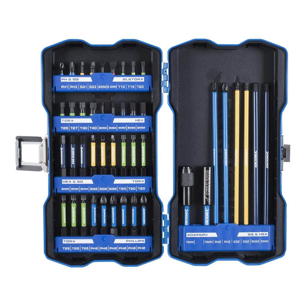 This is an image of a compact blue tool bit set with various labeled bits in a hard case from Kennedys Welding Supplies in Derwent Park TAS