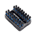 This is an image of a black case holding multiple blue and black screwdriver bits set, featured by Kennedys Welding Supplies in Derwent Park TAS, offering tool shop and welding specialist services.