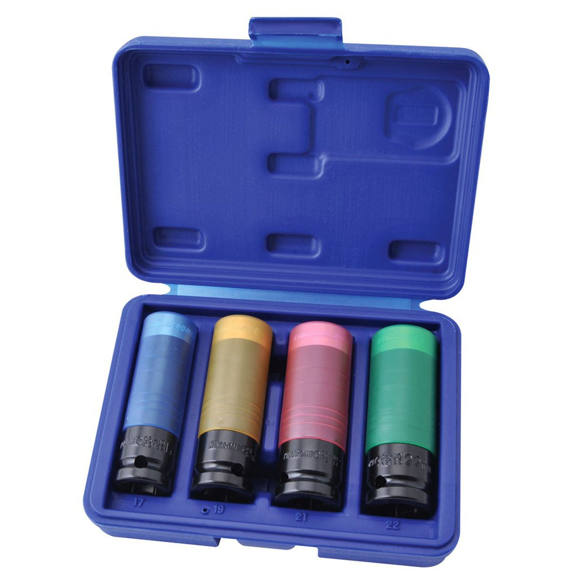 This is an image of four colored impact sockets in a blue case from Kennedys Welding Supplies tool shop in Derwent Park, TAS