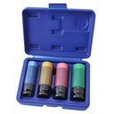 This is an image of four colored impact sockets in a blue case from Kennedys Welding Supplies tool shop in Derwent Park, TAS
