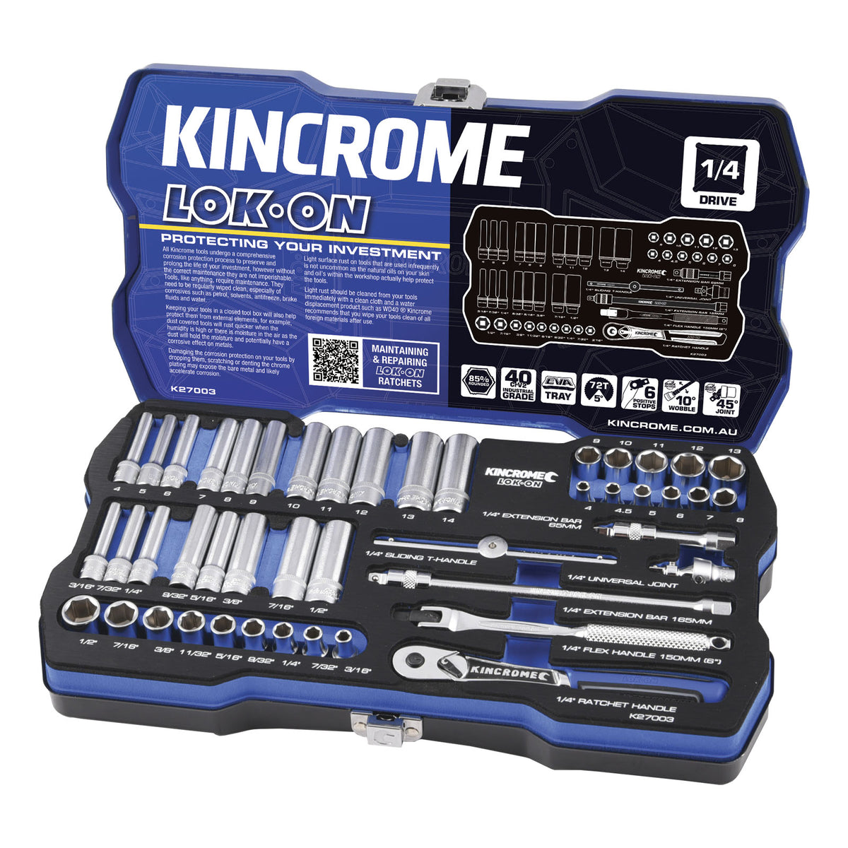 This is an image of a Kincrome Lok-On 1/4 drive socket and ratchet toolset by Kennedys Welding Supplies in Derwent Park TAS