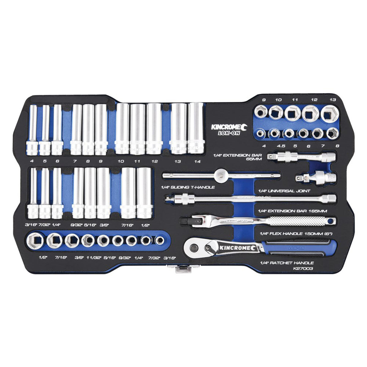 This is an image of Kincrome Lok-On socket set in black and blue case, offered by Kennedys Welding Supplies in Derwent Park TAS, Tool Shop and Welding Specialists