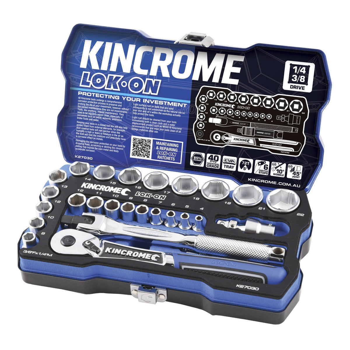 This is an image of Kincrome Lok-On ratchet and socket set in a blue case, offered by Kennedys Welding Supplies in Derwent Park TAS, Tool Shop and Welding Specialists