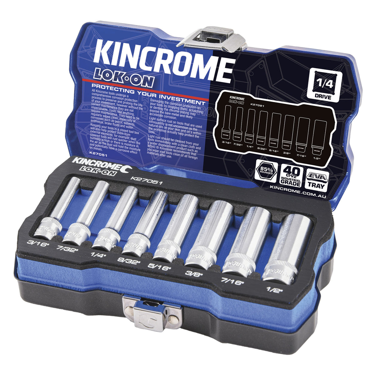 This is an image of Kincrome Lok-On 1/4 drive socket set in a blue case, from Kennedys Welding Supplies in Derwent Park TAS