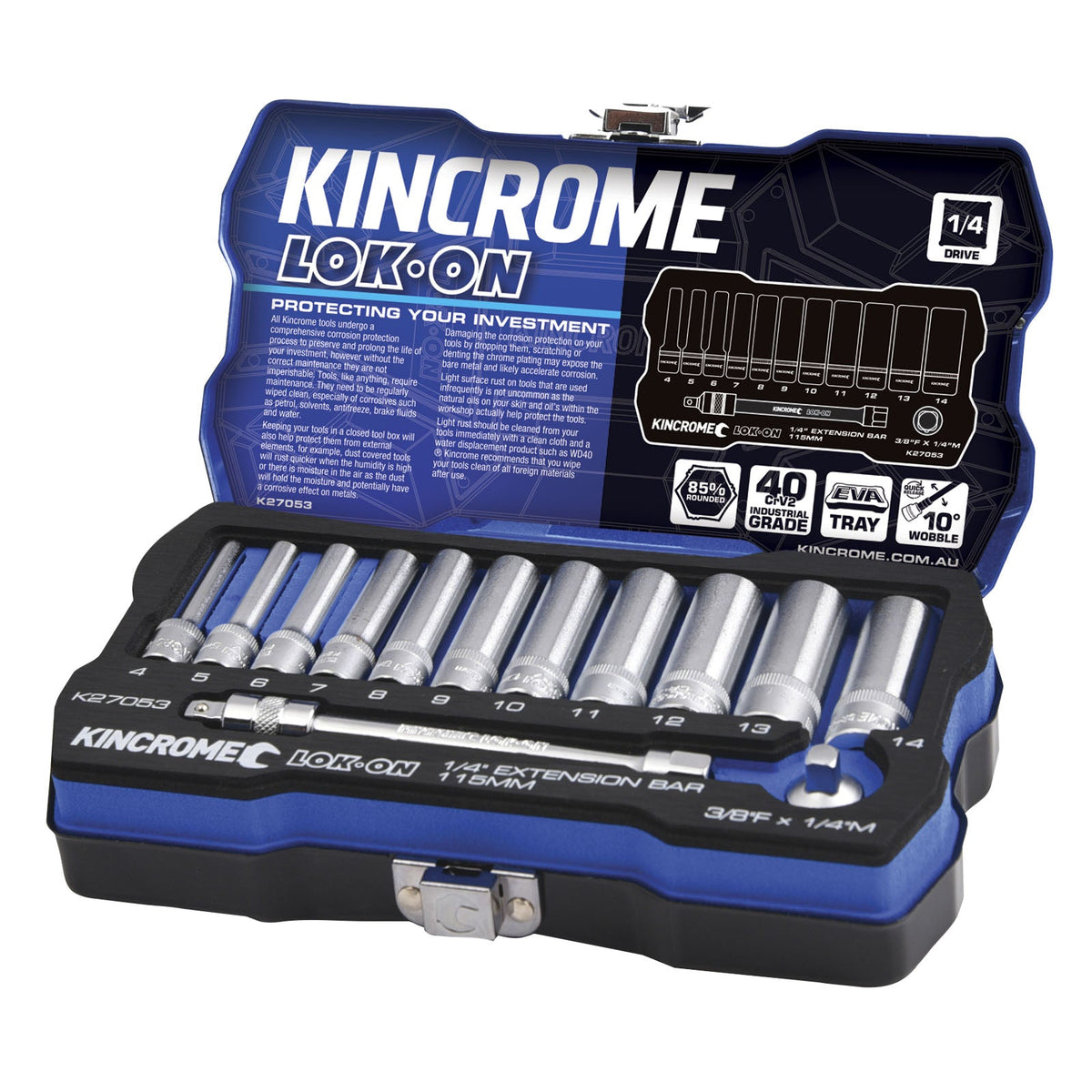This is an image of Kincrome Lok-On 1/4 inch socket set in blue case at Kennedys Welding Supplies Derwent Park TAS tool shop