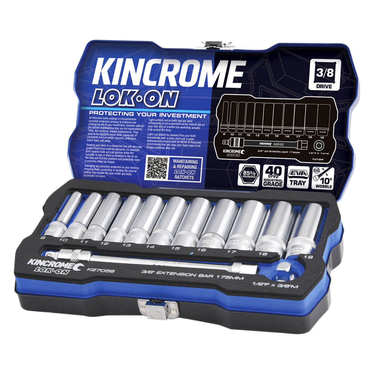 This is an image of Kincrome Lok-On 3/8 drive socket set in blue case at Kennedys Welding Supplies, Derwent Park TAS tool shop