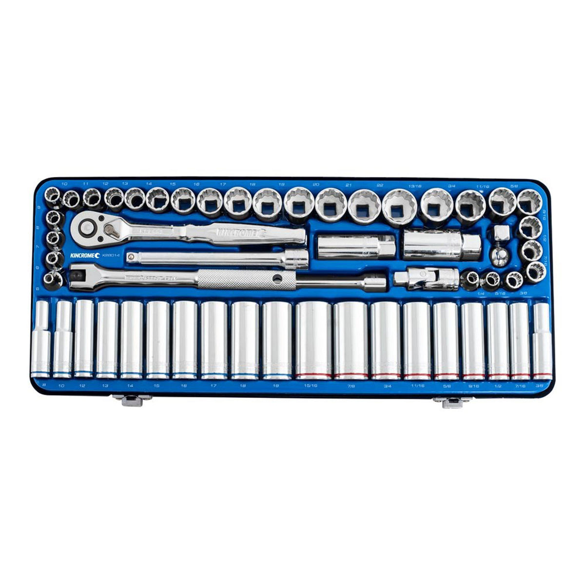 This is an image of a Kincrome K28014 socket wrench set with various sizes, offered by Kennedys Welding Supplies in Derwent Park TAS, Tool Shop and Welding Specialists.