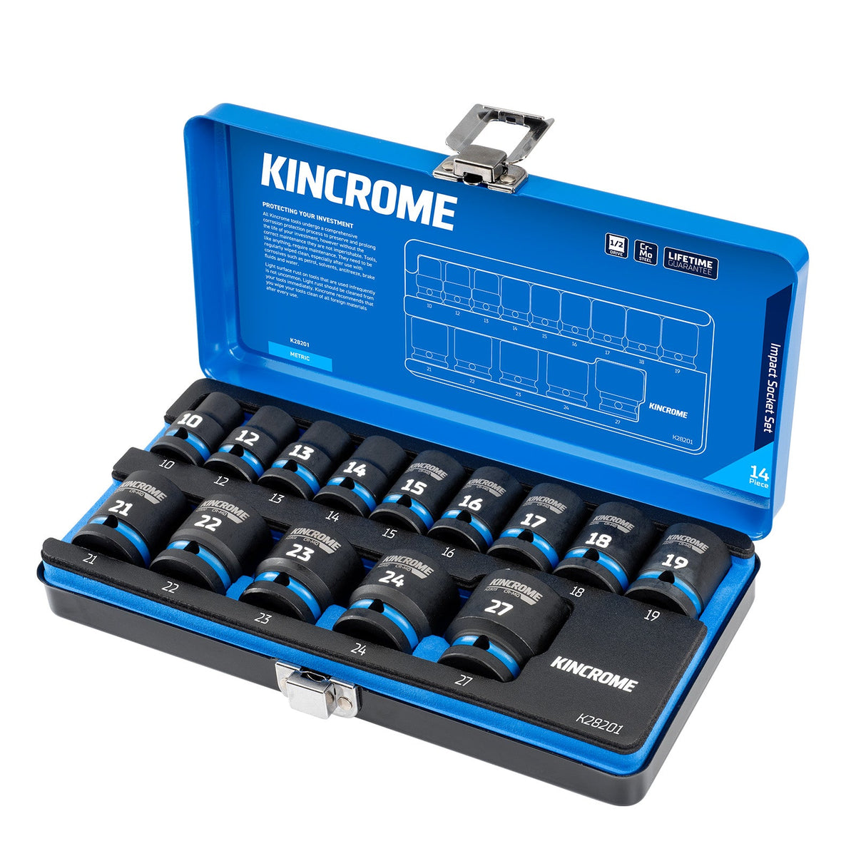 This is an image of Kincrome 14-piece impact socket set in blue case by Kennedys Welding Supplies, Derwent Park TAS tool shop and welding specialists