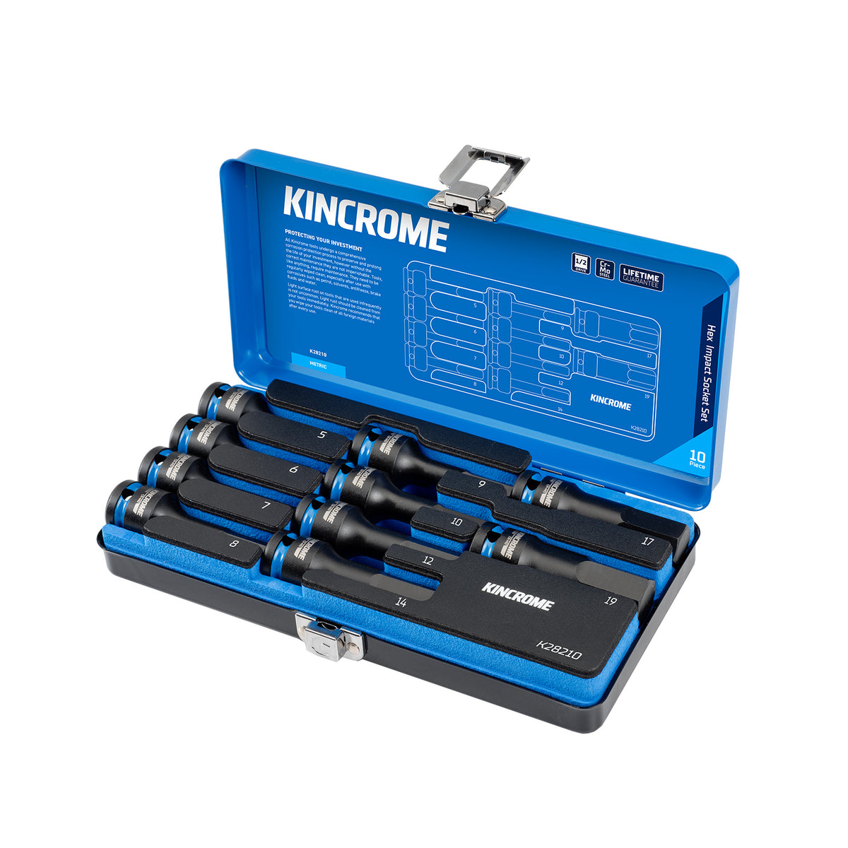 This is an image of a Kincrome 10-piece hex impact socket set in a blue and black case from Kennedys Welding Supplies, Derwent Park TAS, offering tool shop and welding specialist services.