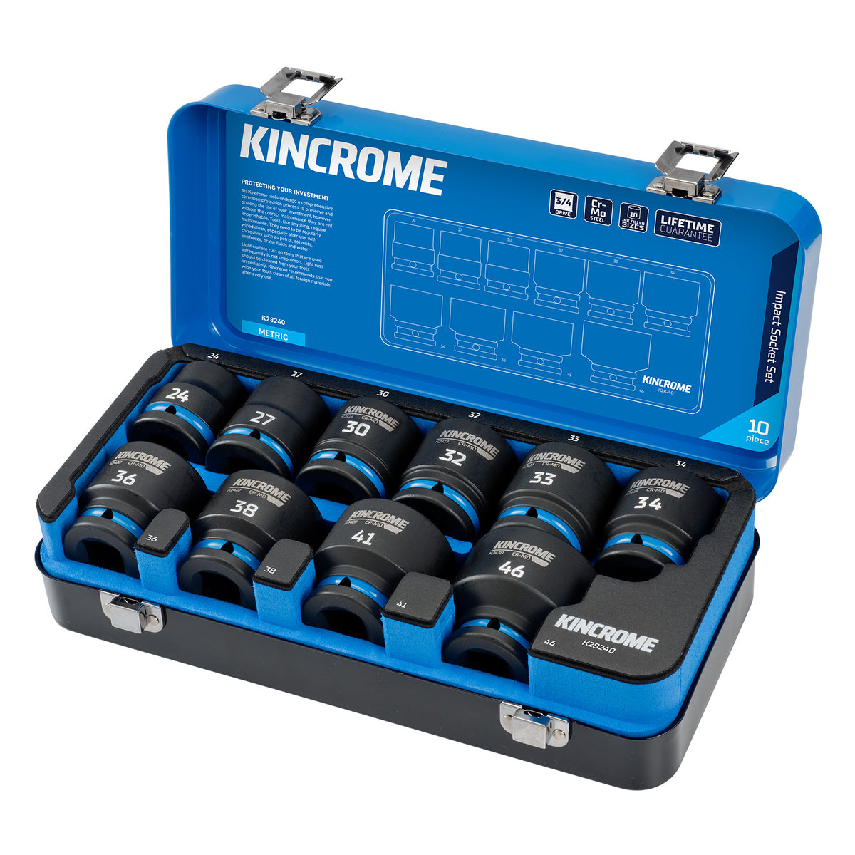 This is an image of a Kincrome 10-piece impact socket set in a blue and black metal case, offered by Kennedys Welding Supplies in Derwent Park TAS