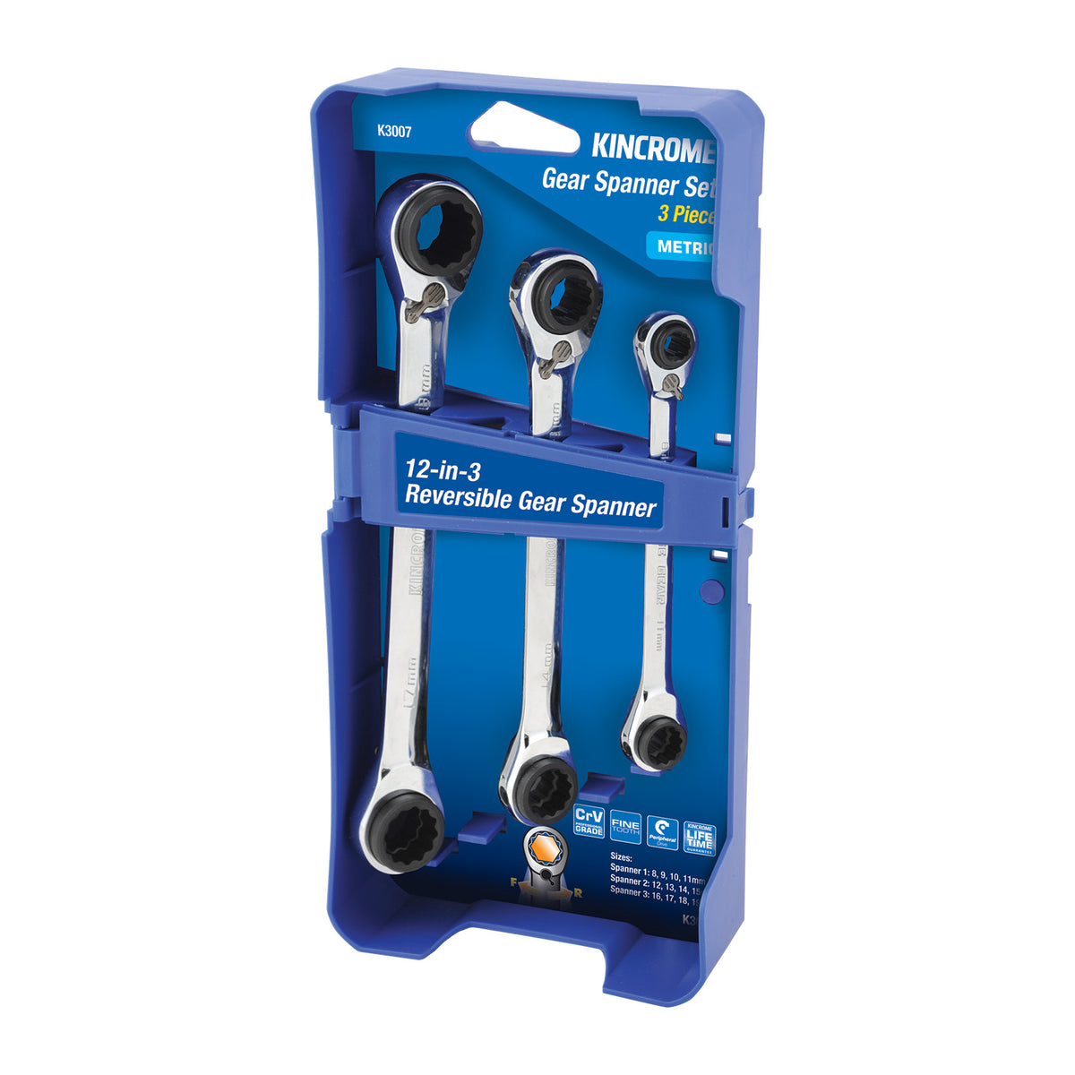 This is an image of Kincrome 12-in-3 Reversible Gear Spanner set in blue case at Kennedys Welding Supplies, Derwent Park TAS