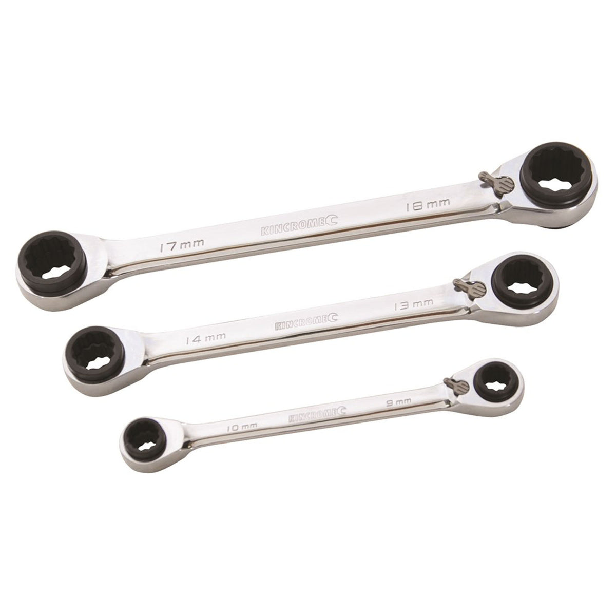 This is an image of Kincrome ratchet spanners sizes 17-18mm, 13-14mm, and 9-10mm by Kennedys Welding Supplies, Derwent Park TAS, welding specialists and tool shop