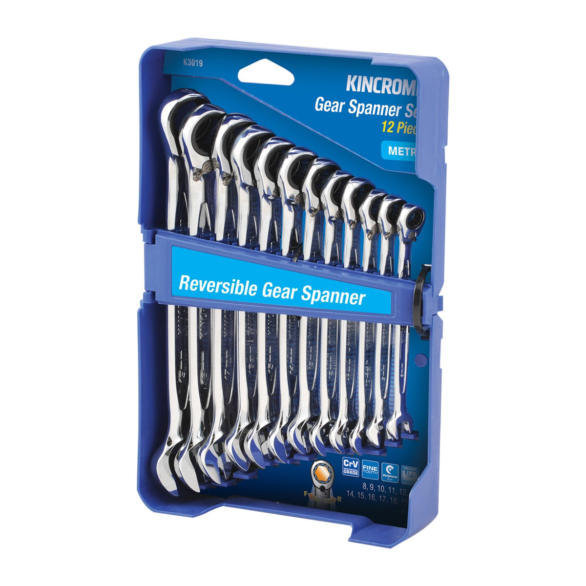This is an image of Kincrome reversible gear spanner set with 12 shiny chrome wrenches at Kennedys Welding Supplies in Derwent Park TAS