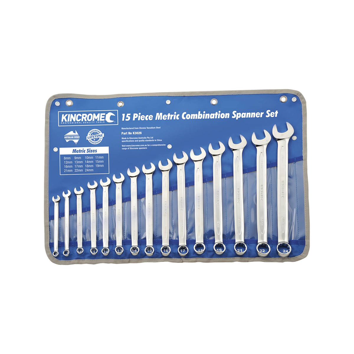 This is an image of Kincrome 15 Piece Metric Combination Spanner Set in blue pouch at Kennedys Welding Supplies Derwent Park TAS tool shop