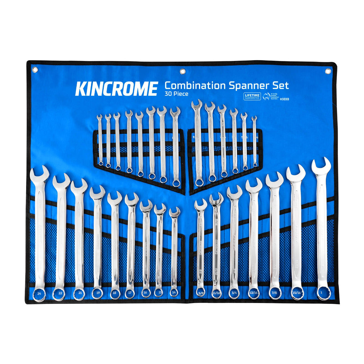 This is an image of Kincrome 30-piece combination spanner set on blue fabric by Kennedys Welding Supplies, Derwent Park TAS tool shop