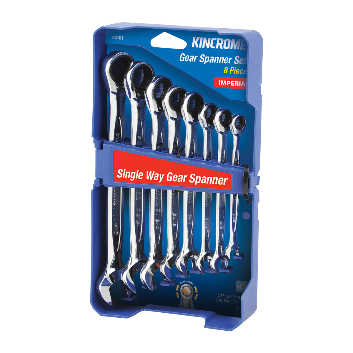 This is an image of a Kincrome Gear Spanner Set 8 Piece imperial in blue case, from Kennedys Welding Supplies Derwent Park TAS, tool shop and welding specialists.