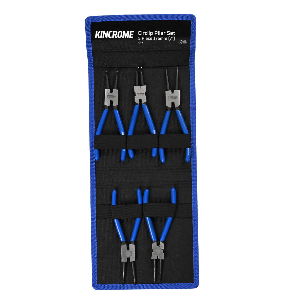 This is an image of Kincrome Circlip Plier Set 5 Piece 175mm in a blue and black case from Kennedys Welding Supplies, Derwent Park TAS offering tool shop and welding specialists