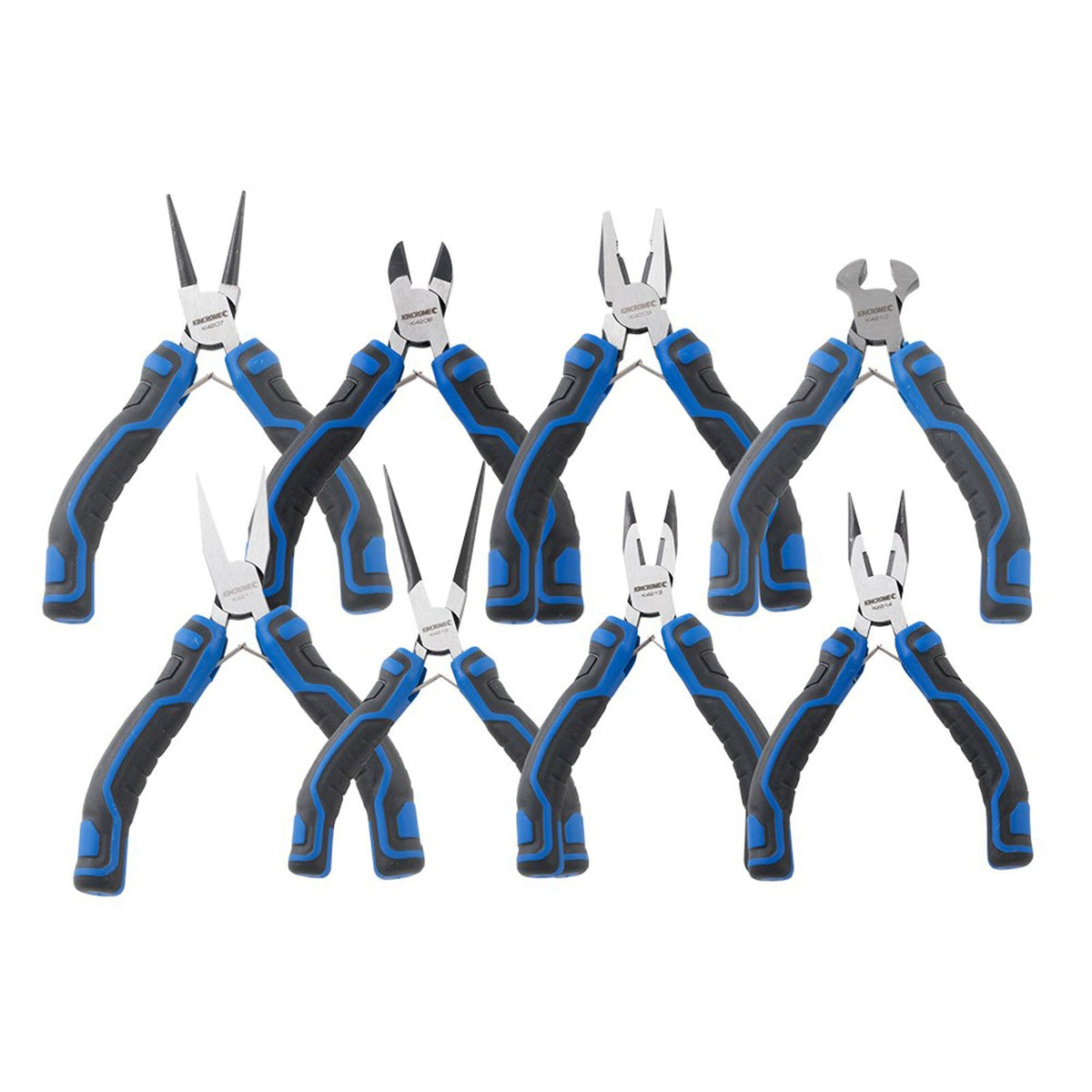 This is an image of a set of eight Kincrome blue and black pliers by Kennedys Welding Supplies in Derwent Park TAS, tool shop and welding specialists