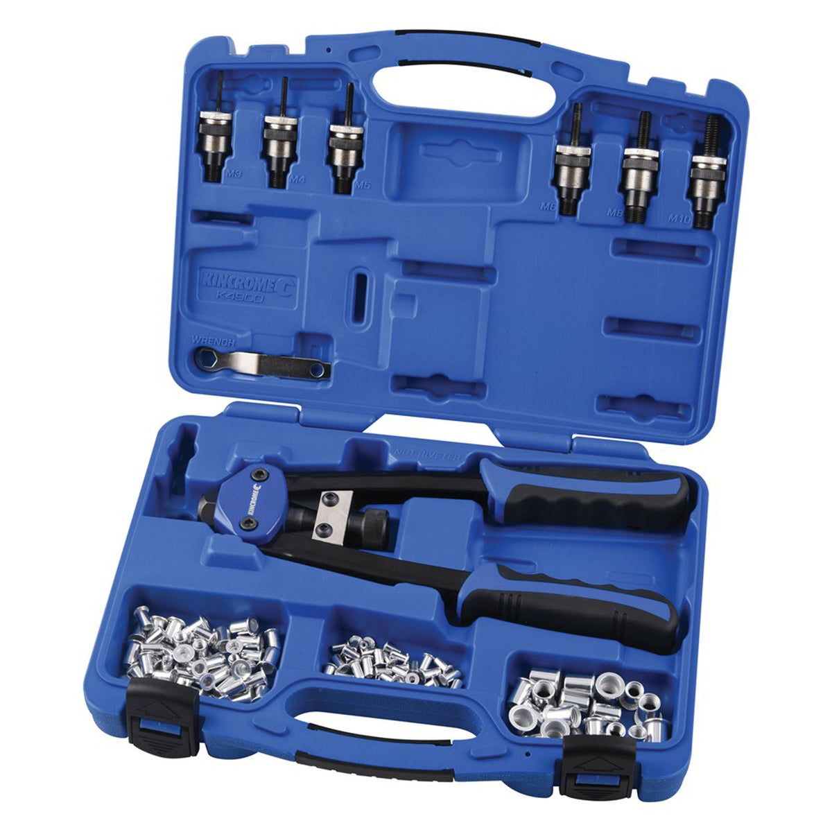 This is an image of a Kincrome K4900 rivet nut tool kit with components in a blue case, offered by Kennedys Welding Supplies TAS