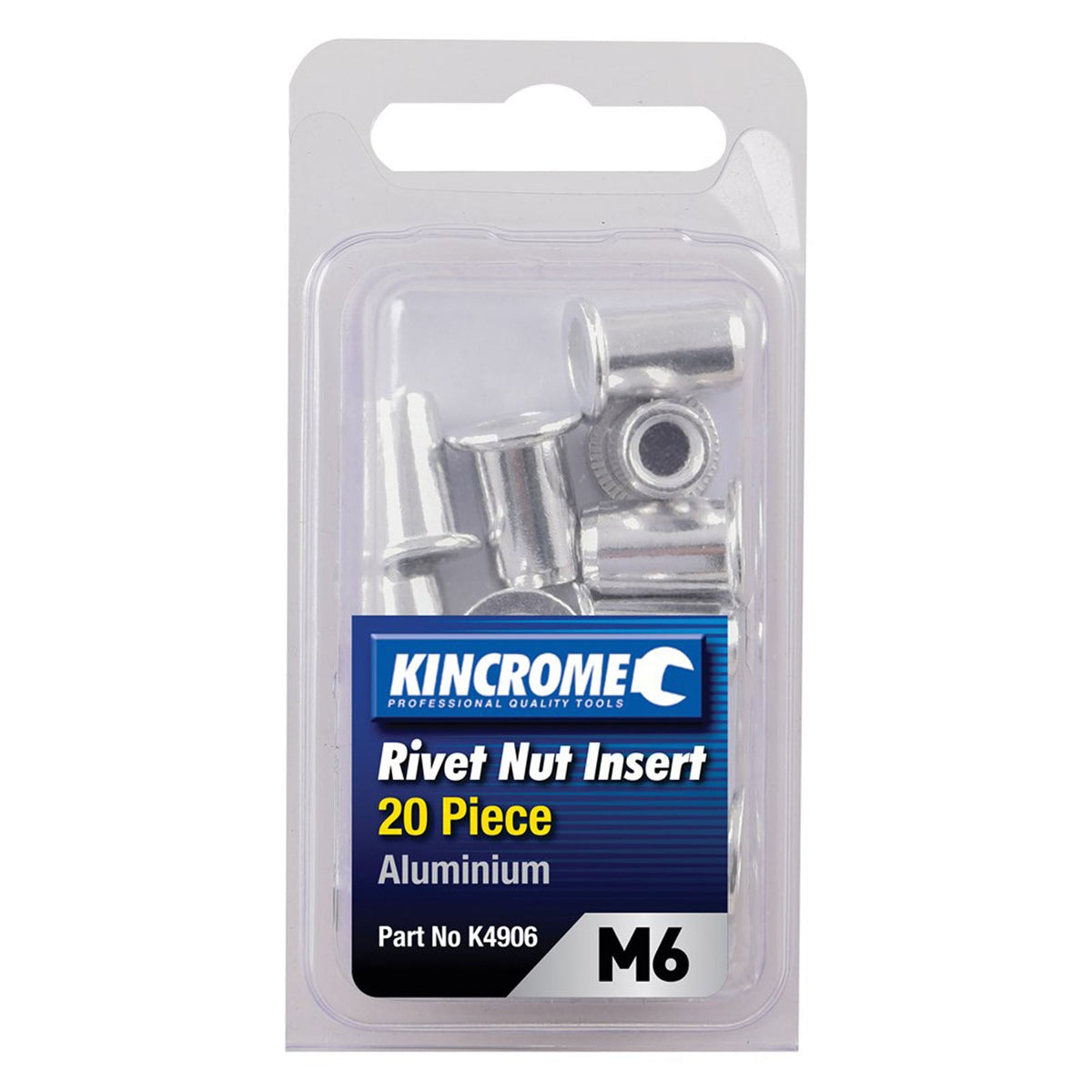 This is an image of Kincrome M6 aluminium rivet nut inserts 20 piece pack from Kennedys Welding Supplies tool shop in Derwent Park TAS
