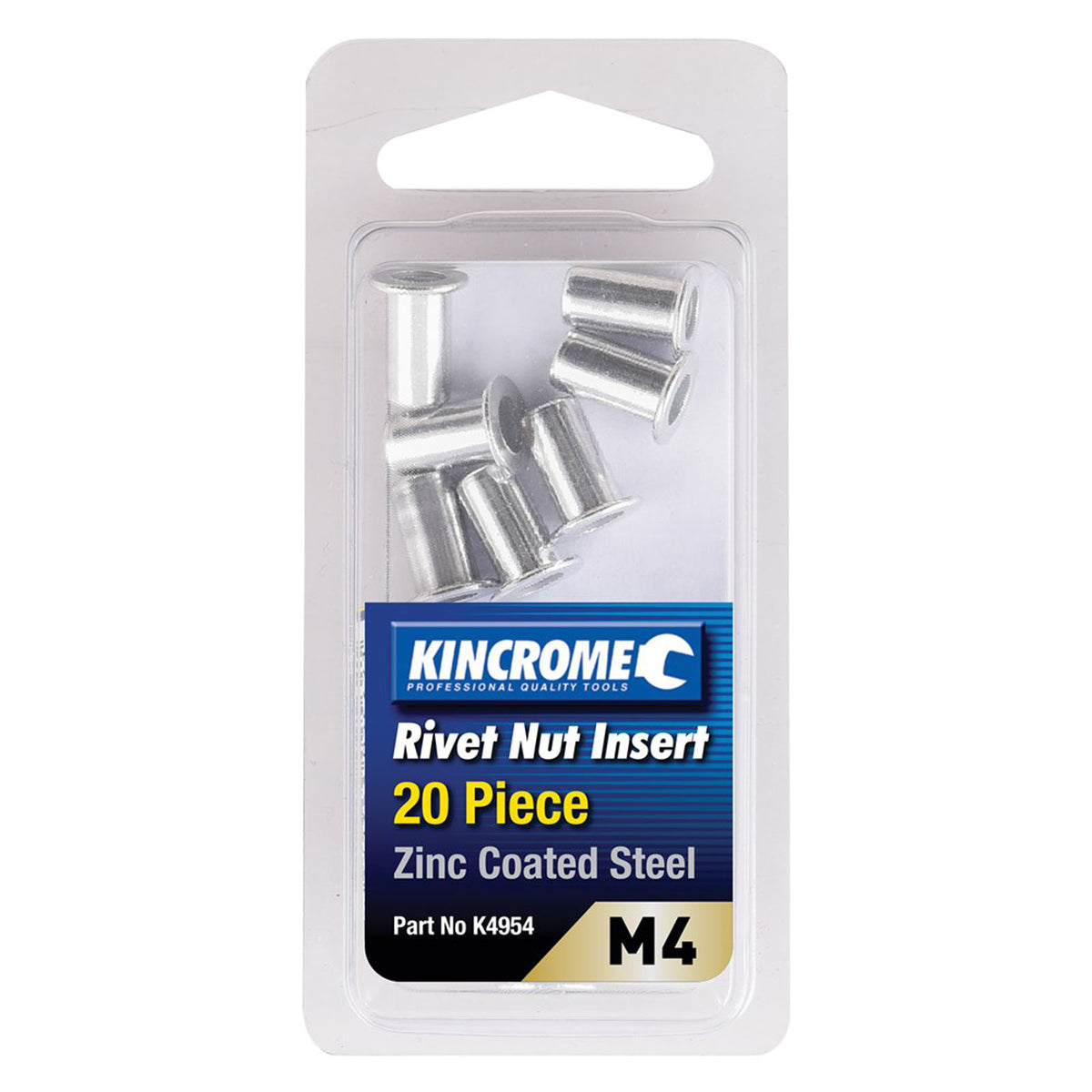 This is an image of Kincrome zinc coated steel rivet nut inserts M4 20 pieces package at Kennedys Welding Supplies, Derwent Park TAS, tool shop and welding specialists.