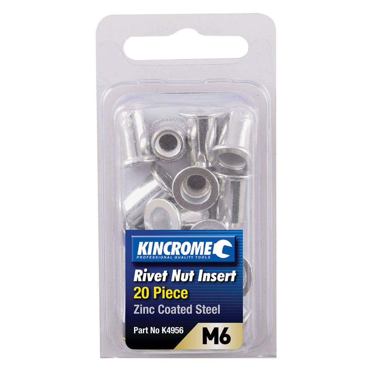 This is an image of Kincrome M6 Rivet Nut Insert 20 piece zinc coated steel pack at Kennedys Welding Supplies in Derwent Park TAS, tool shop and welding specialists.
