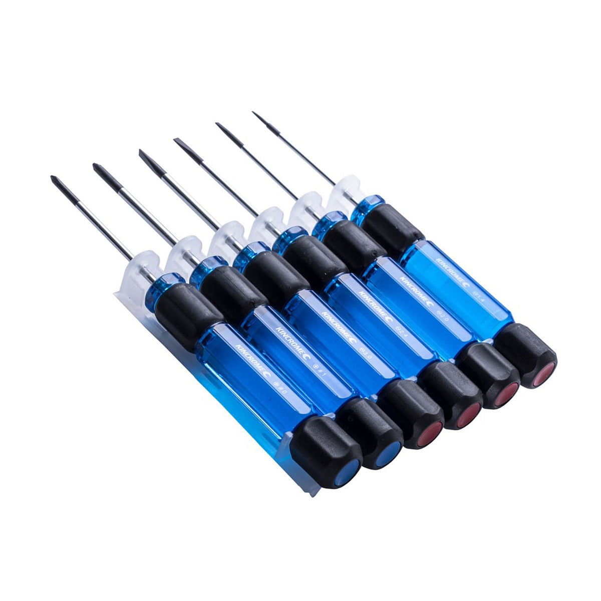 This is an image of a set of six Kincrome precision screwdrivers with blue handles at Kennedys Welding Supplies in Derwent Park, TAS, specializing in tool shop and power tool repairs.