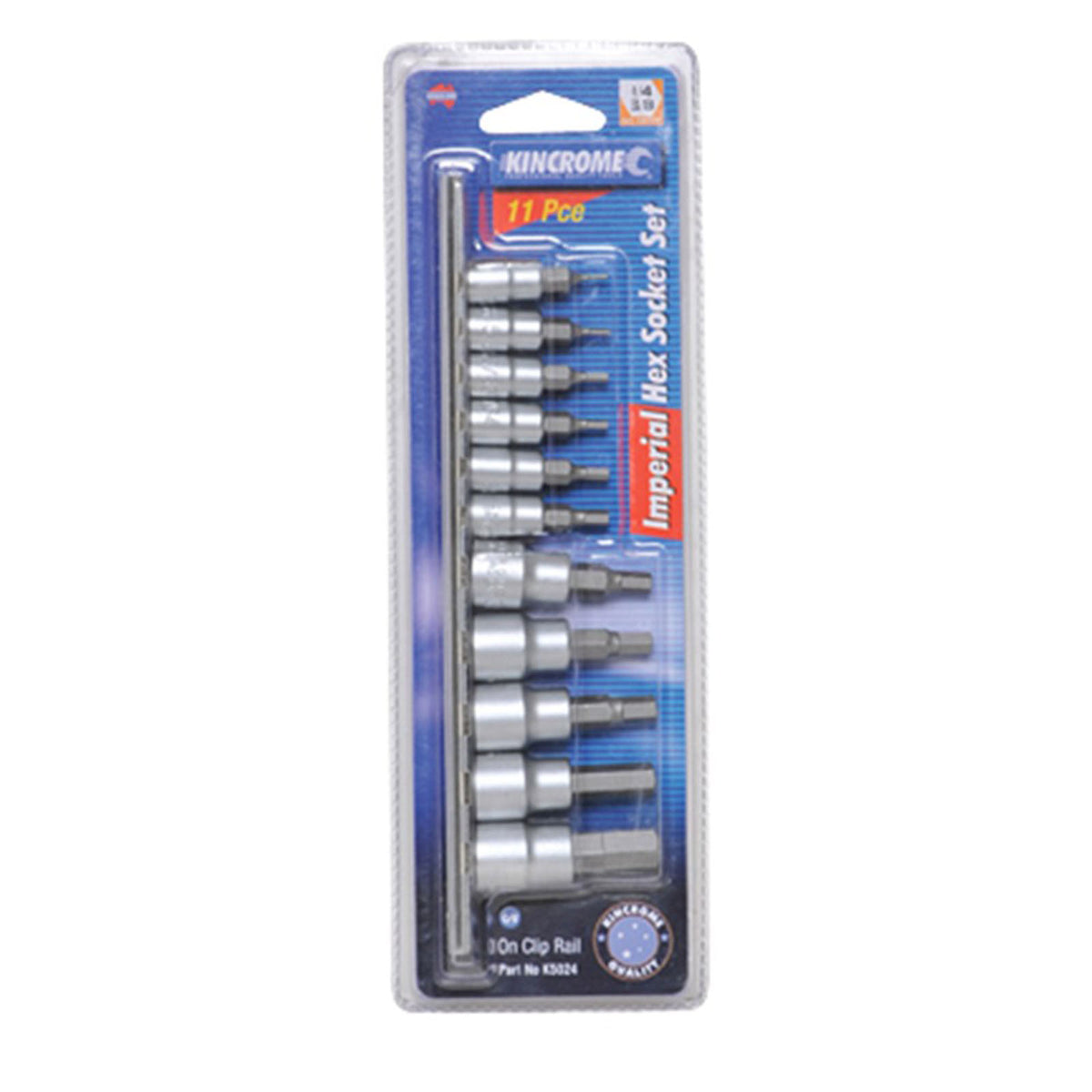 This is an image of Kincrome 11 piece Imperial Hex Socket Set in packaging, offered by Kennedys Welding Supplies in Derwent Park TAS