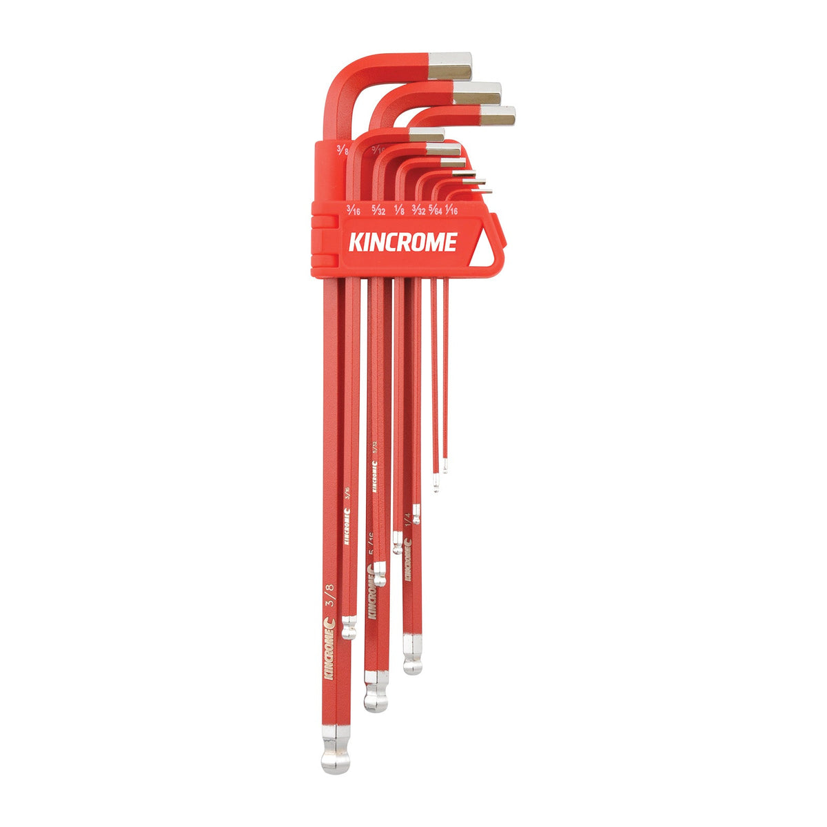 This is an image of a Kincrome red ball-end hex key set held in a red plastic holder, available at Kennedys Welding Supplies, Derwent Park TAS, offering tool shop and welding specialist services.