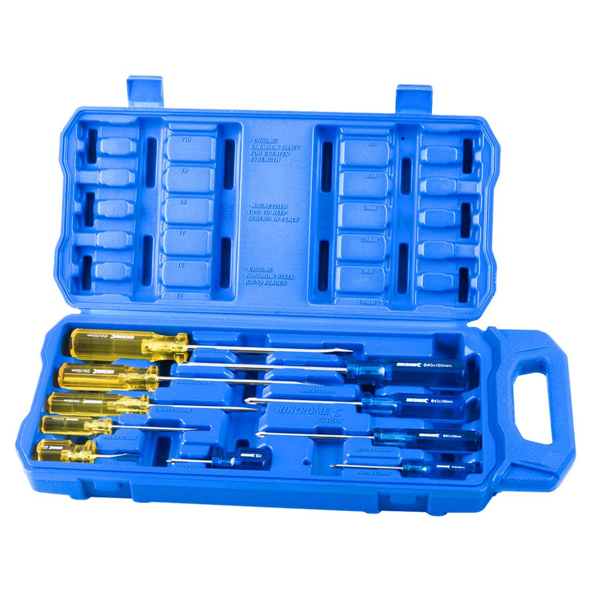 This is an image of a Kincrome screwdriver set in a blue case by Kennedys Welding Supplies, Derwent Park TAS tool shop