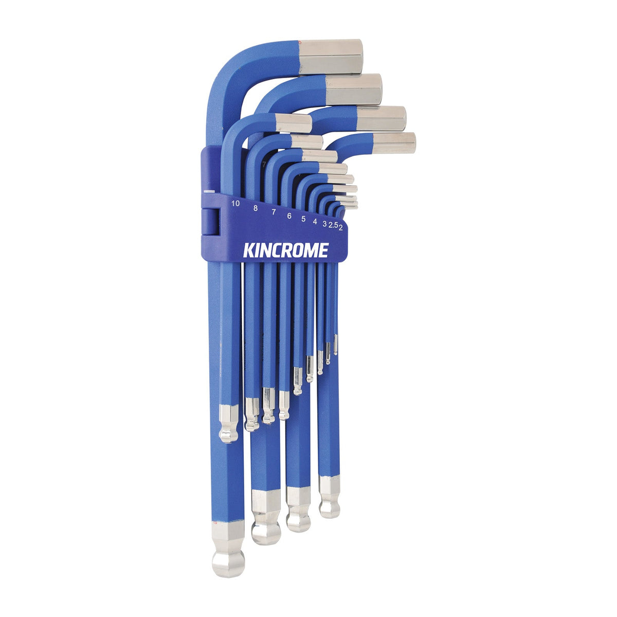 This is an image of Kincrome blue hex key set in holder, offered by Kennedys Welding Supplies, Derwent Park TAS, Tool Shop and Welding Specialists