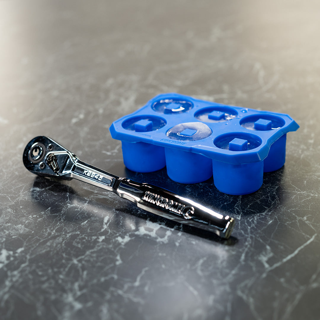 This is an image of a Kincrome ratchet tool and blue rubber socket organizer on a marble surface, Kennedys Welding Supplies, Derwent Park TAS