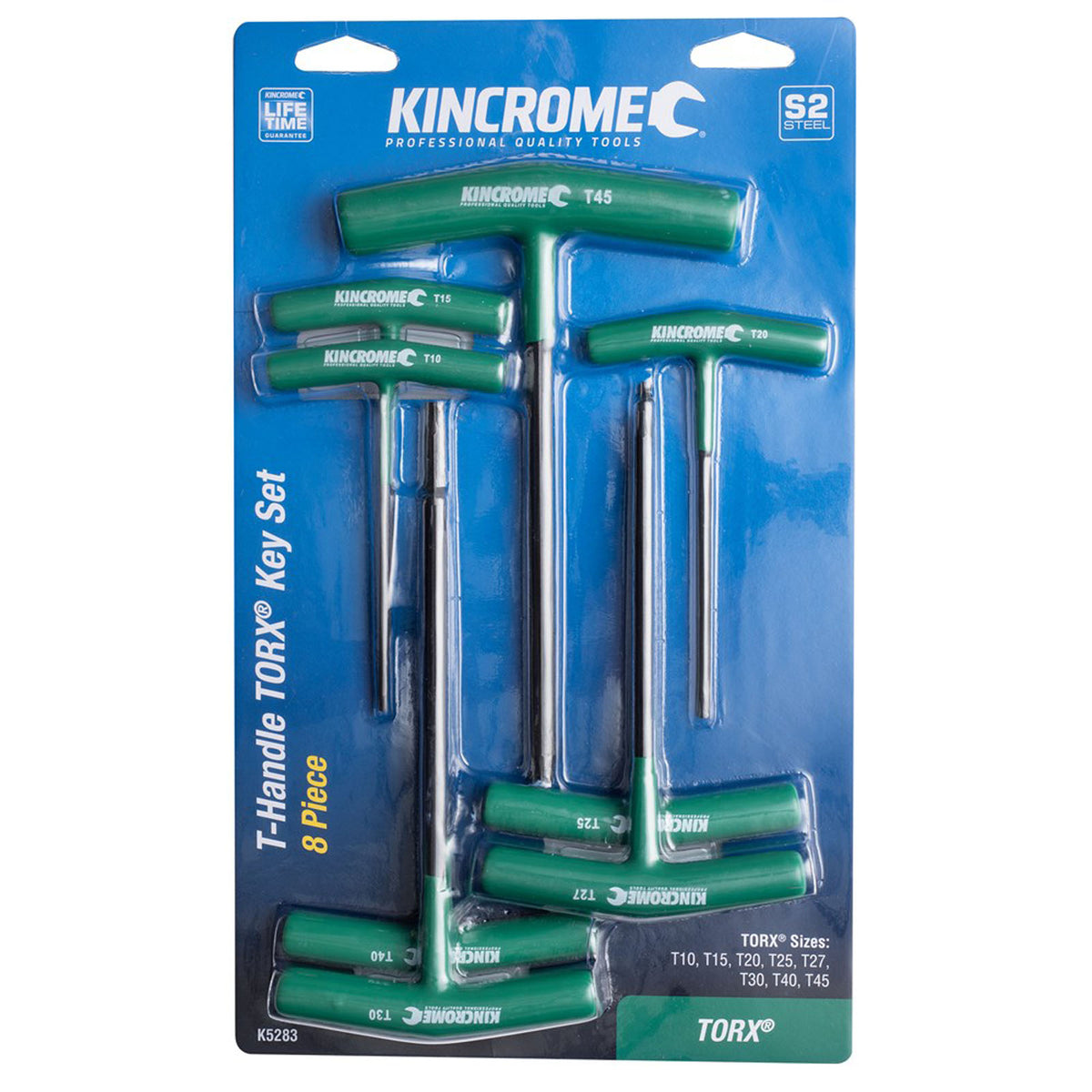 This is an image of Kincrome 8 piece T-Handle TORX Key Set in green handles, offered by Kennedys Welding Supplies in Derwent Park TAS