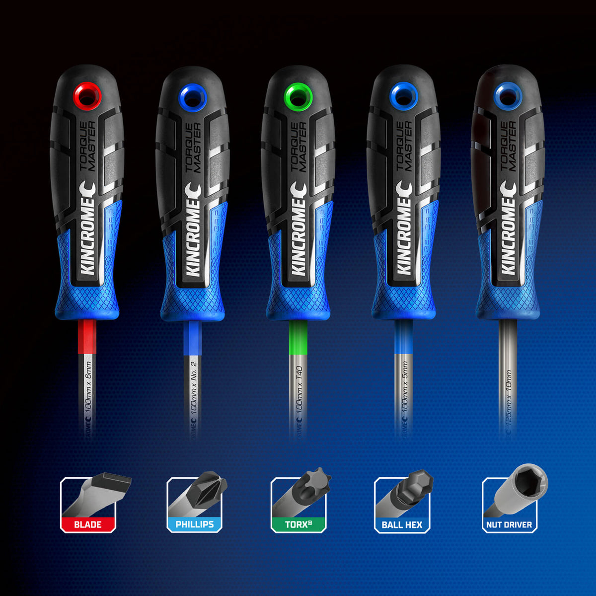 This is an image of Kincrome Torque Master screwdrivers set including blade, Phillips, Torx, ball hex, and nut driver offered by Kennedys Welding Supplies in Derwent Park TAS