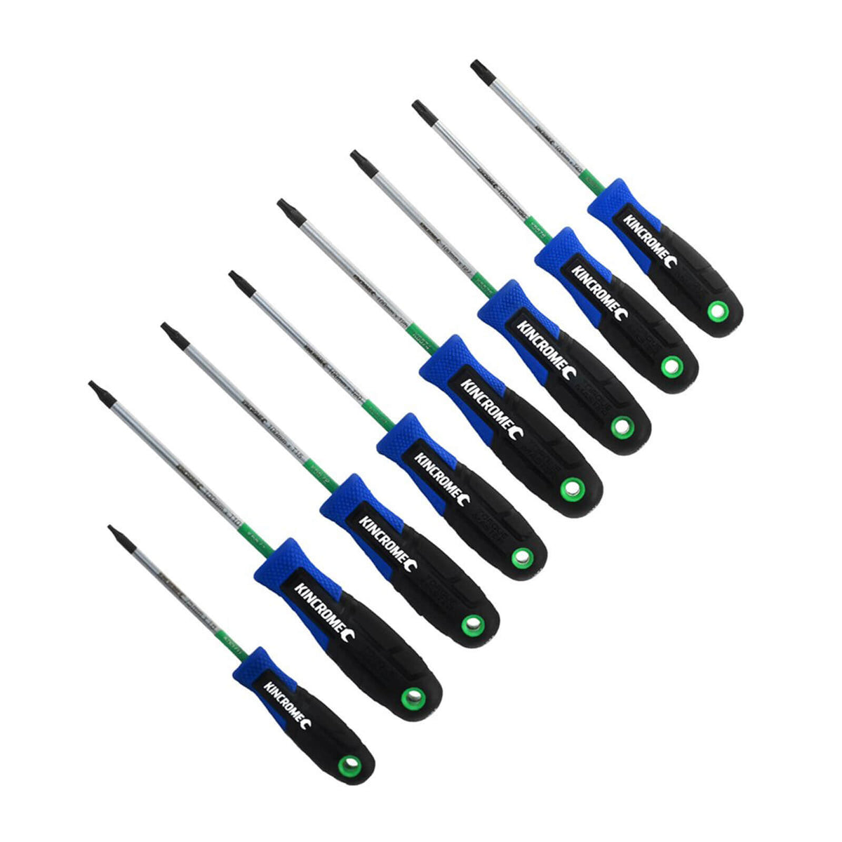 This is an image of a set of Kincrome precision screwdrivers with blue and black handles sold by Kennedys Welding Supplies in Derwent Park, TAS