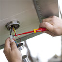 This is an image of hands using a Kincrome insulated screwdriver to connect wiring in a metal light fixture, representing Kennedys Welding Supplies services in Derwent Park TAS including Tool Shop and Power Tool Repairs.