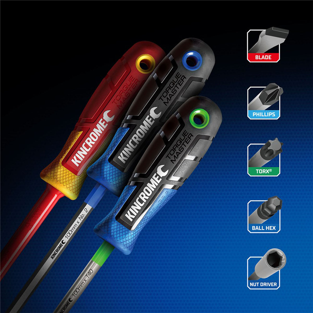This is an image of Kincrome Torque Master screwdrivers with various tips, featured by Kennedys Welding Supplies in Derwent Park TAS tool shop.