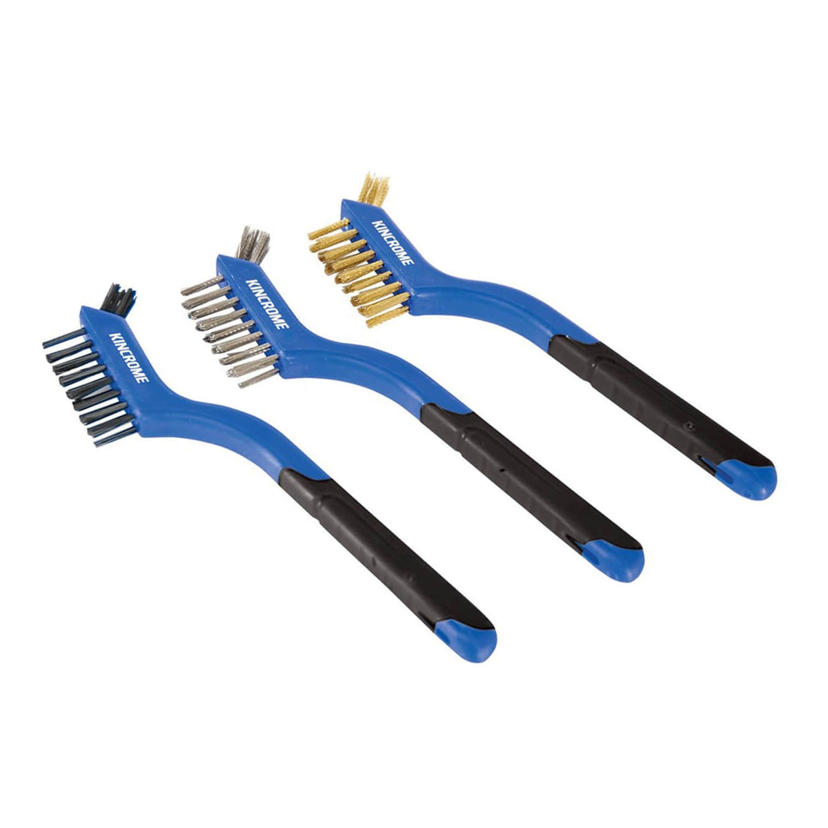 This is an image of three Kincrome wire brushes with blue handles, available at Kennedys Welding Supplies in Derwent Park TAS, offering tool shop and welding specialists services.