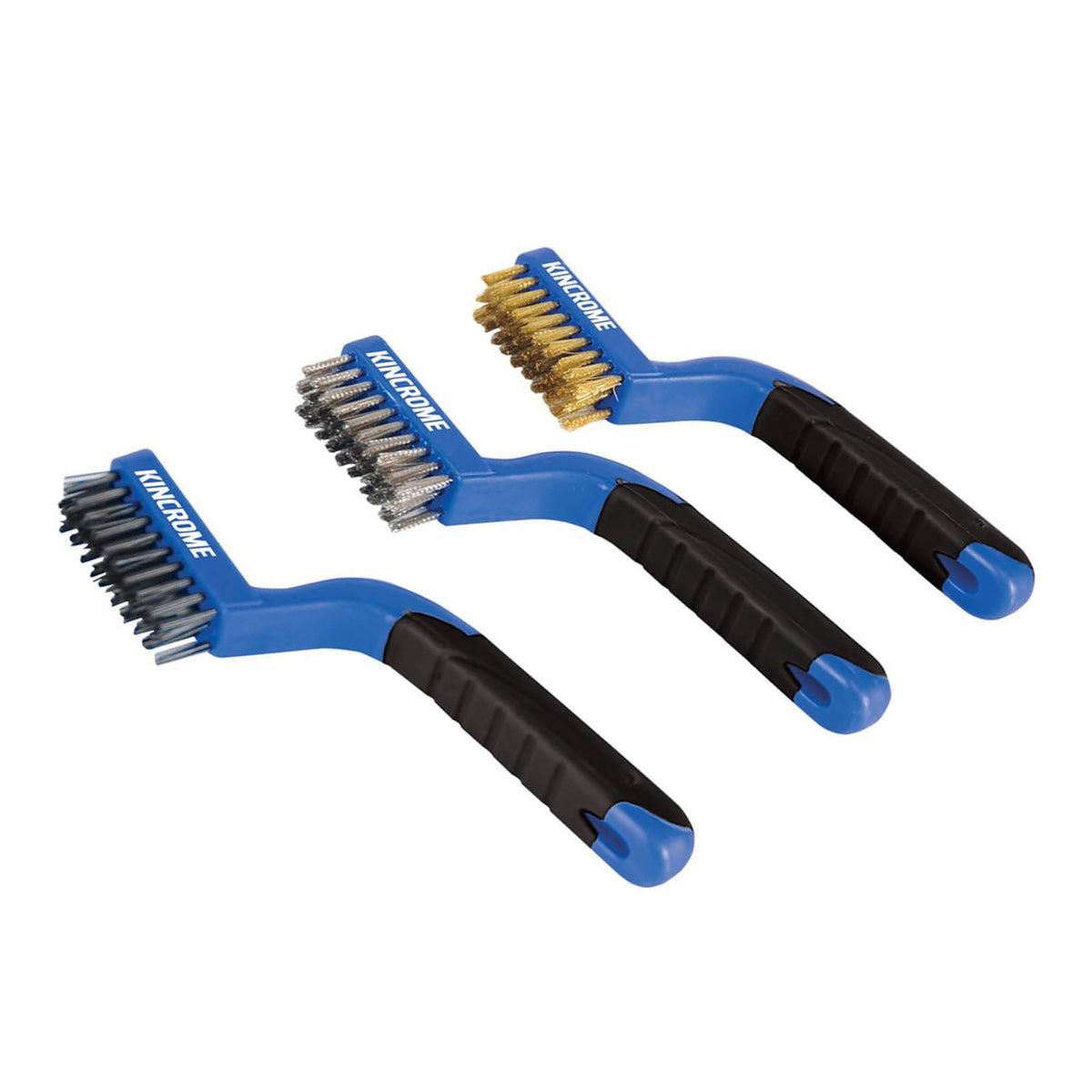 This is an image of three Kincrome wire brushes with blue and black handles, featured by Kennedys Welding Supplies in Derwent Park TAS