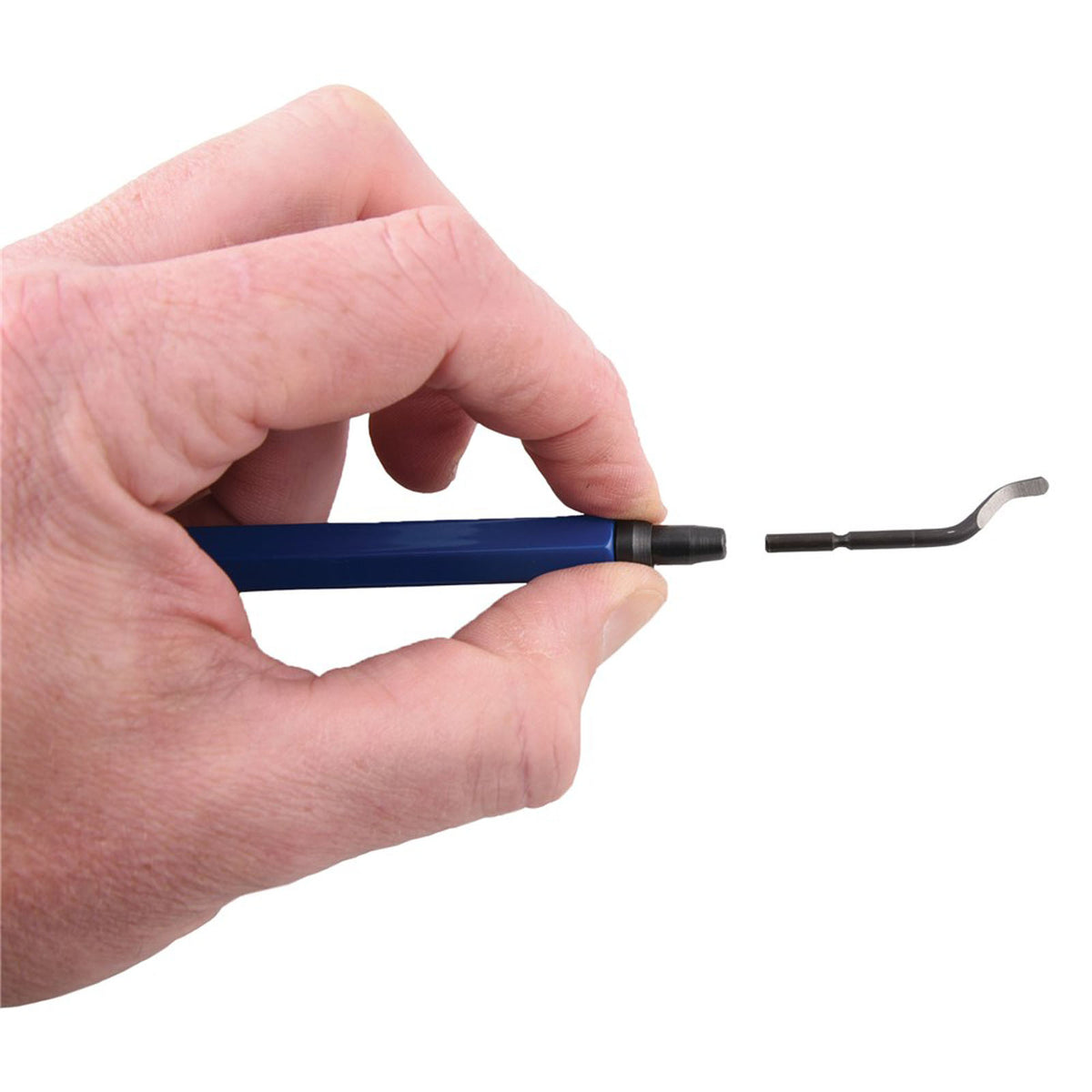 This is an image of a hand holding a blue metal hand tool with a separate curved metal tip against a white background, representing Kennedys Welding Supplies in Derwent Park TAS, offering tool shop and welding specialist services.