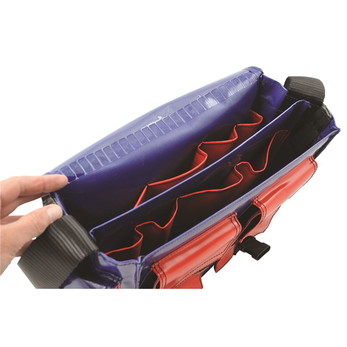 This is an image of a blue and red tool bag with multiple compartments by Kennedys Welding Supplies in Derwent Park TAS, offering tool shop and welding specialists services