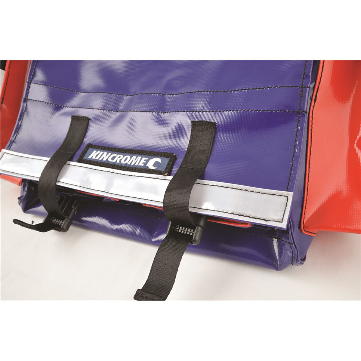This is an image of a Kincrome branded blue and red tool bag with black straps, offered by Kennedys Welding Supplies in Derwent Park, TAS, tool shop and welding specialists.
