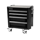 This is an image of a black Kincrome tool chest with four drawers on casters, offered by Kennedys Welding Supplies in Derwent Park TAS, specializing in Tool Shop, Laser Cutting, and Power Tool Repairs.