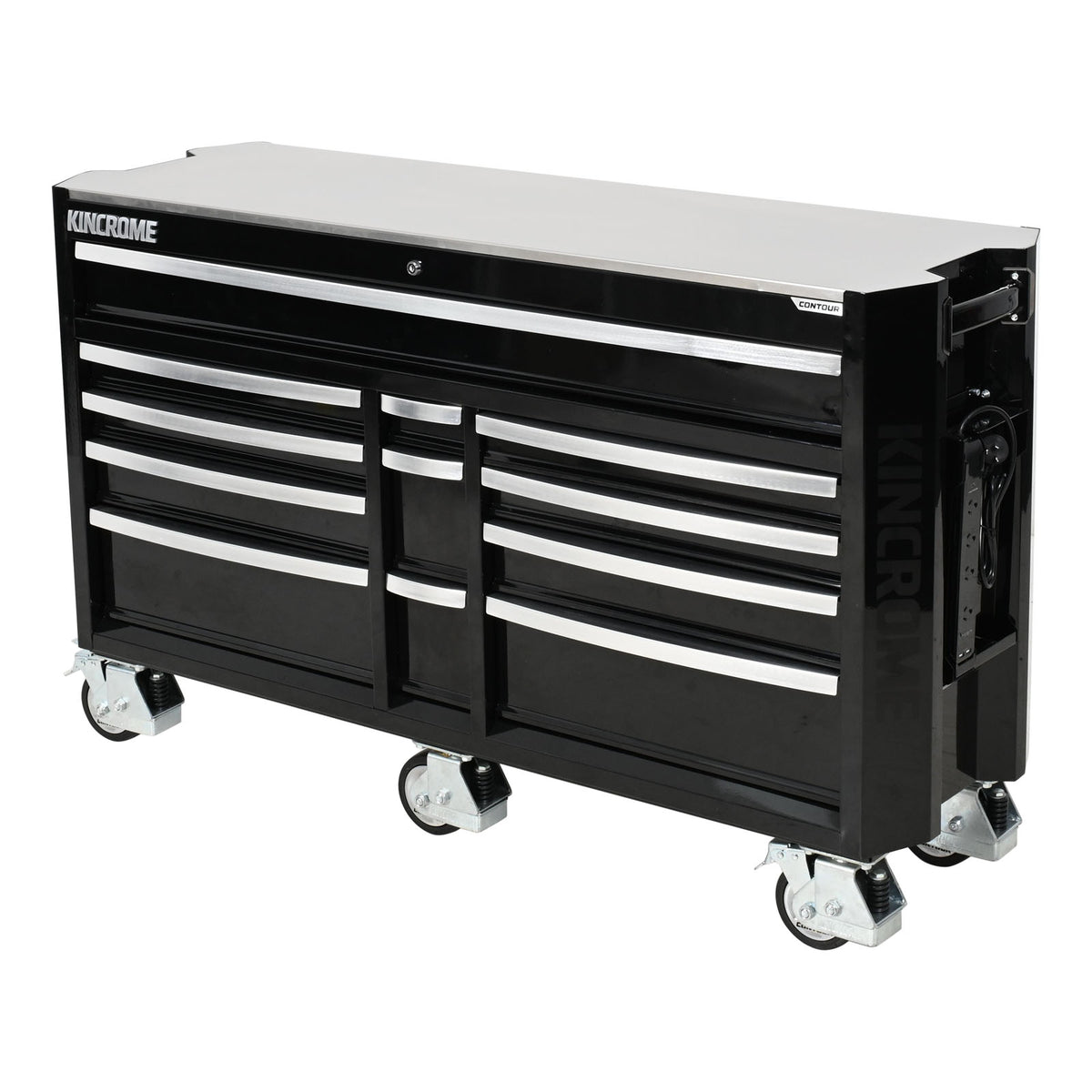 This is an image of a black Kincrome contour tool chest with multiple drawers on wheels by Kennedys Welding Supplies in Derwent Park TAS