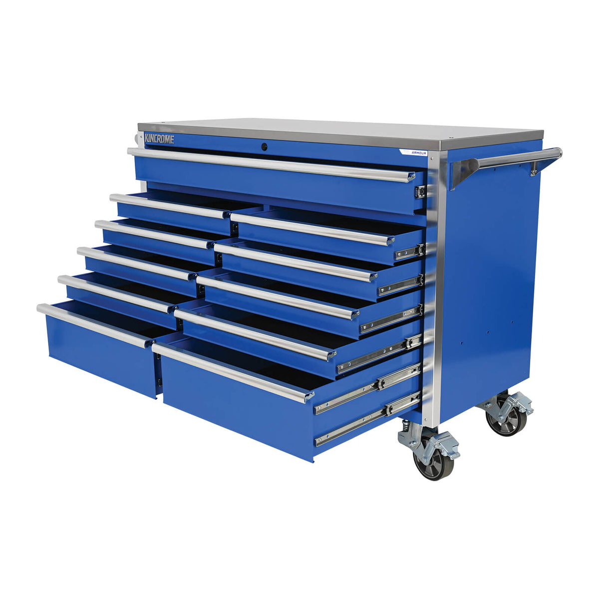 This is an image of a blue Kincrome tool chest with multiple open drawers on wheels, available at Kennedys Welding Supplies in Derwent Park TAS, offering tool shop and power tool repairs.