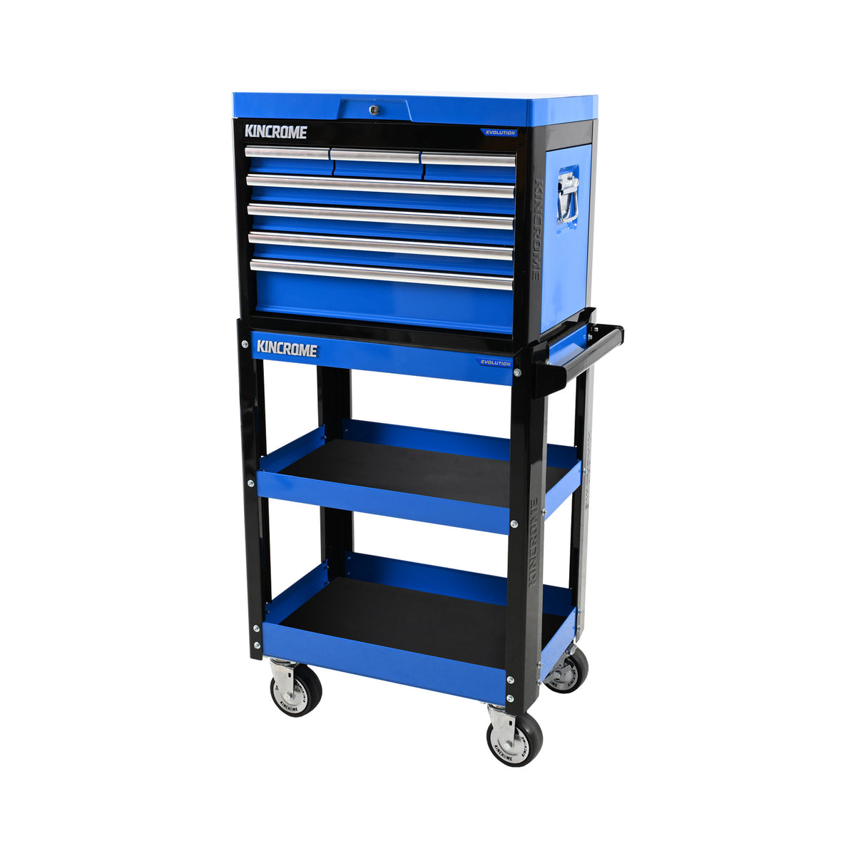 This is an image of a blue and black Kincrome tool trolley with drawers on wheels, offered by Kennedys Welding Supplies in Derwent Park TAS, Tool Shop and Welding Specialists