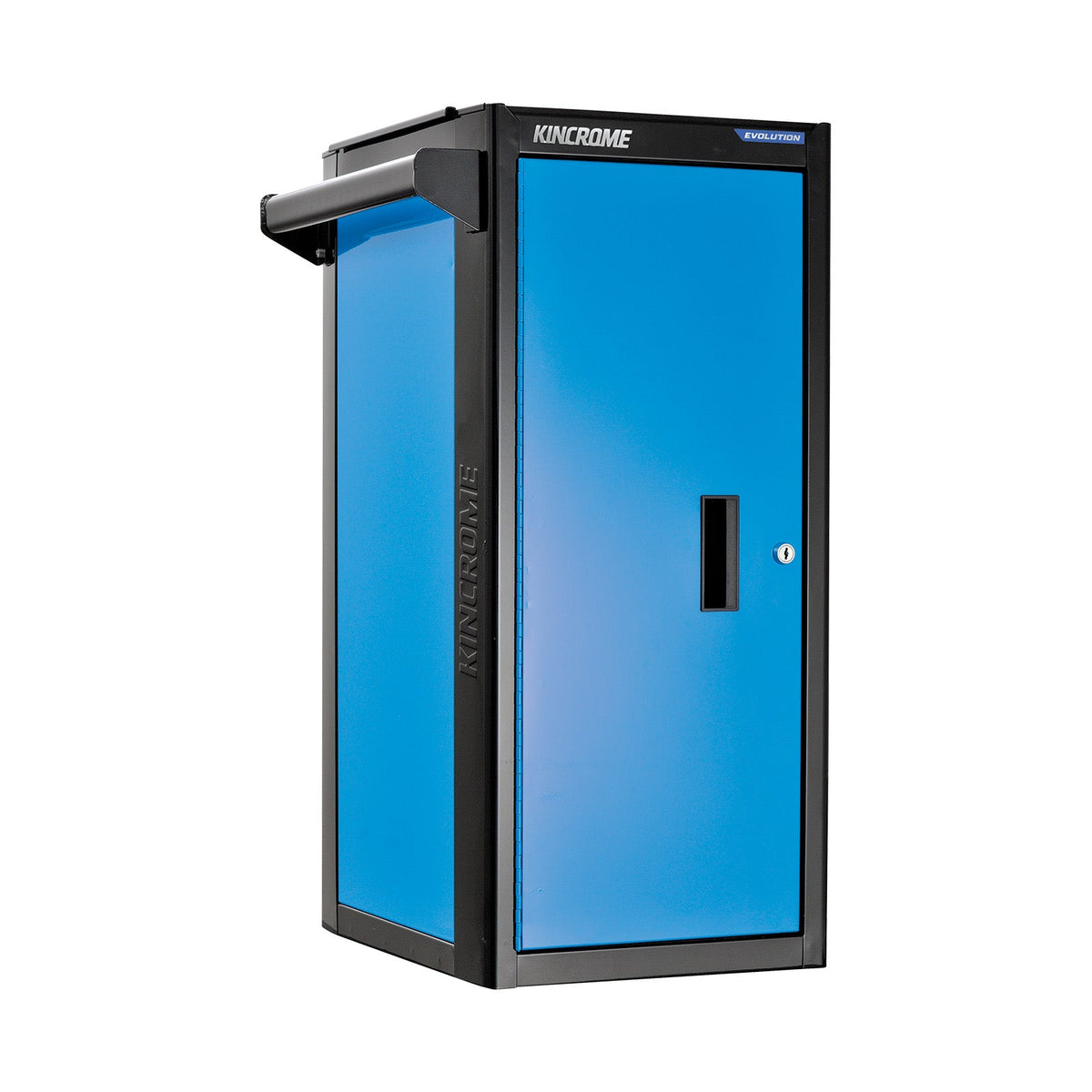 This is an image of a blue and black Kincrome Evolution storage cabinet, featuring a handle and lock, offered by Kennedys Welding Supplies in Derwent Park, TAS, specialists in tool shop, laser cutting, power tool repairs, and welding.